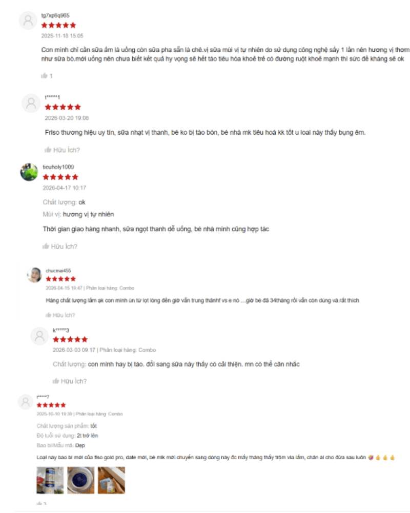 Review Friso Pro có tốt không của các mẹ trên các trang thương mại điện tử.