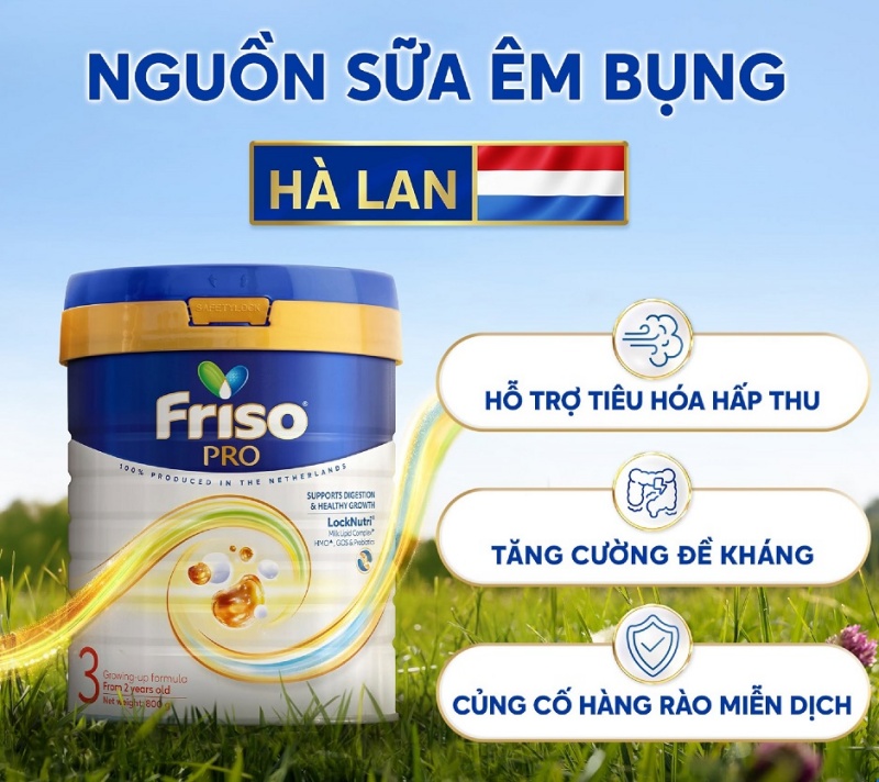 Sữa êm bụng Friso Pro hỗ trợ con tiêu hóa và hấp thu tốt.